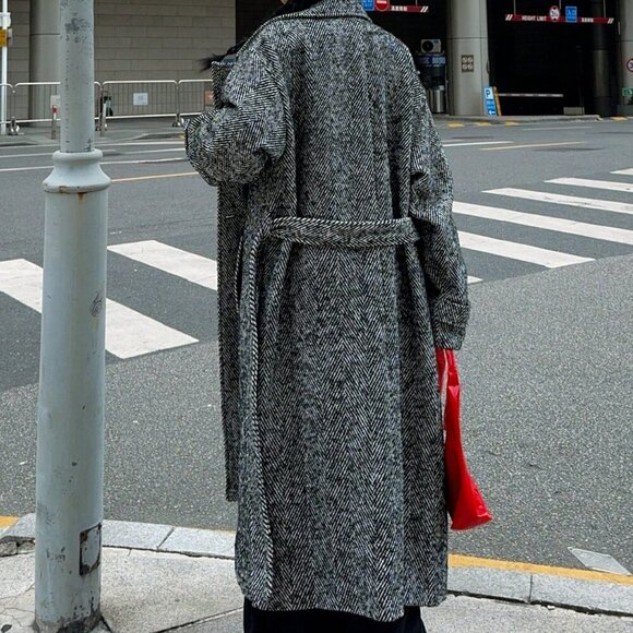 Black & White Women's Herringbone Double-Breasted Belted Longline Coat - Picture 2 of 6